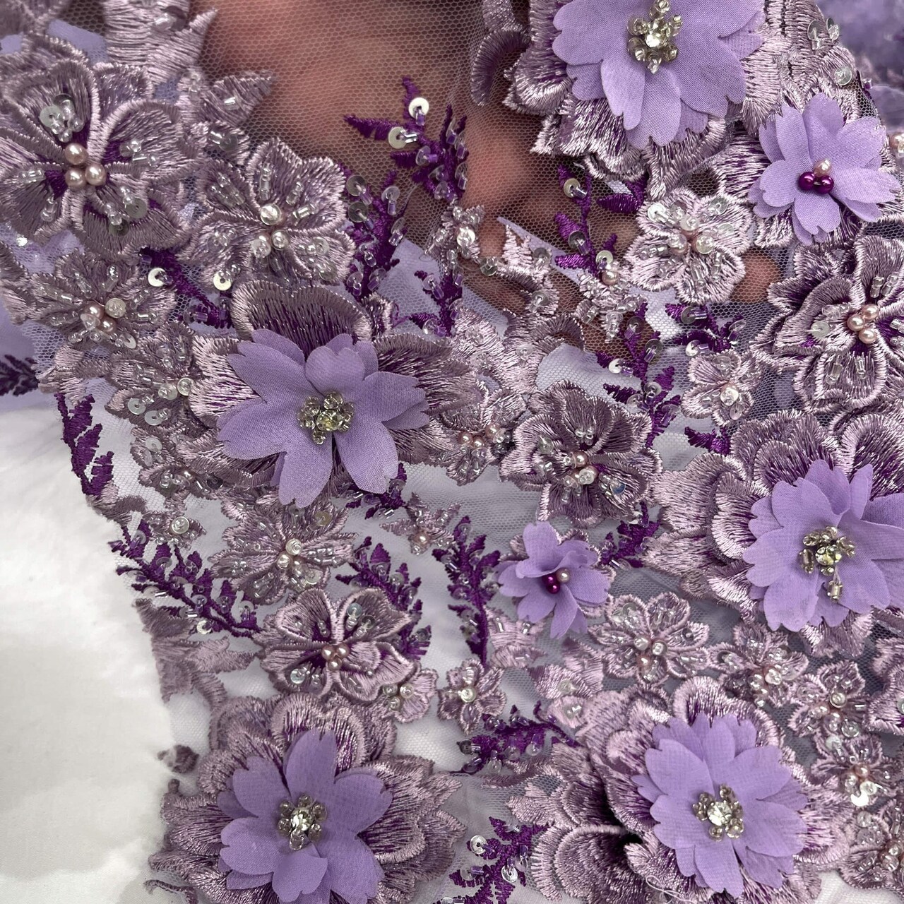 1 Yard Beaded 3D Floral Lace Fabric with Rhinestones, 51" Wide Embroidered Mesh